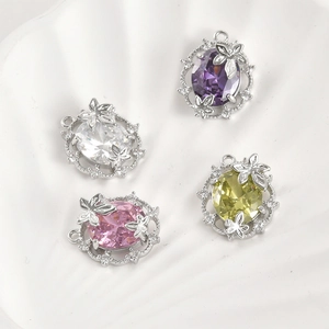 14k gold plated oval gemstone leaf pendants with zircon for DIY jewelry making