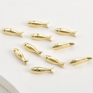 Set of 10 gold-plated fish spacer beads with micro-rhinestones for DIY jewelry making