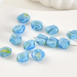 Blue rectangular glass charm bead with marbled swirl texture for DIY jewelry making