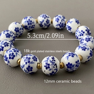 18K gold-plated stainless steel bracelet with 12mm blue and white porcelain beads