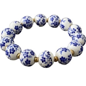 18K gold-plated stainless steel bracelet with 12mm blue and white porcelain beads