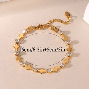 18K gold plated stainless steel cross bracelet with cubic zirconia accents, 16cm+5cm size