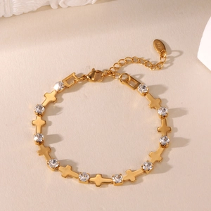 18K gold plated stainless steel cross bracelet with sparkling zircon stones and K18 tag