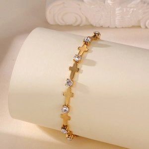 18K gold plated stainless steel bracelet with cross charms and zircon accents