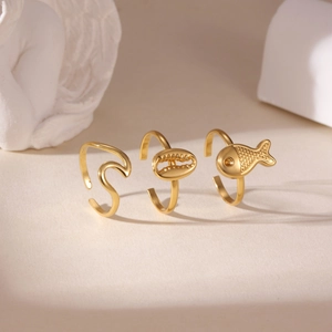 Set di 3 anelli aperti in acciaio inossidabile placcato oro 18K con design a pesce