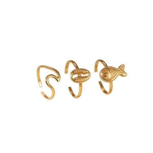 Set di 3 anelli aperti placcati oro 18K con motivi di pesci e conchiglie marine