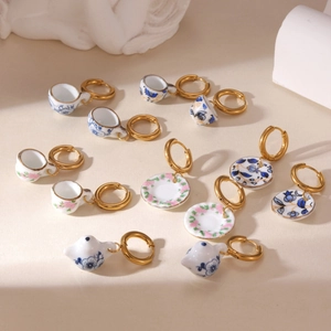 18K Gold Plated Stainless Steel Blue And White Porcelain Ceramic Teaware Pendant Hoop Earrings For Women New Chinese Style Jewelry