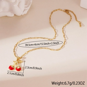Elegant 18K gold-plated cherry pendant necklace with red enamel and dimension details
