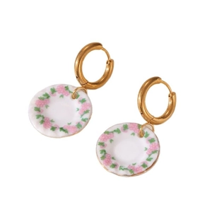 Blue and white porcelain style drop earrings with 18K gold plated hoops for women