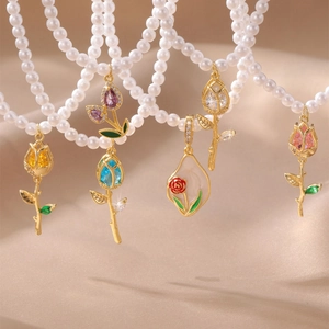 Multi-layer pearl necklace with floral pendants and colorful zircon stones on silk