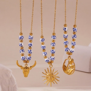 Vintage Stainless Steel Blue and White Porcelain Bead Necklace 18K Gold Plated Tulip Sun Bull Pendant Geometric Necklace For Women