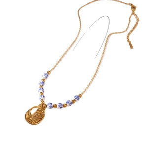 18K gold plated necklace featuring blue and white porcelain beads and flower pendant