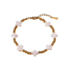 18K vergoldetes Edelstahl-Perlenarmband mit Muschelkreuz- und Mondstern-Anhängern