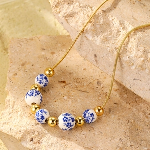 New Chinese style 18K gold plated snake chain necklace with blue and white porcelain beads