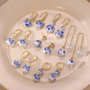 New Chinese Style Blue And White Porcelain Dangle Earrings Stainless Steel Ceramic Rhinestone Artificial Pearl Jewelry