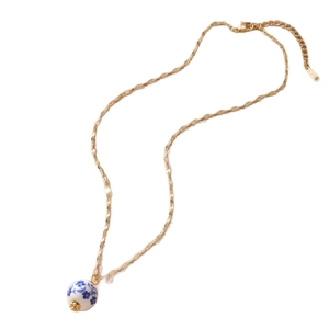 18K gold plated stainless steel necklace with blue and white porcelain ball pendant