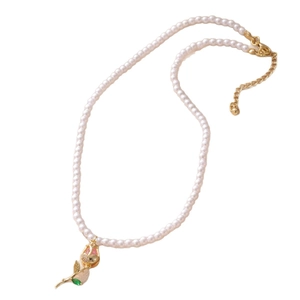 Elegant pearl choker necklace with a gold tulip pendant and pink zircon crystal details