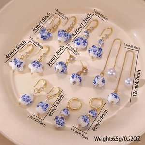 Blue and white ceramic heart and star earrings set with gold finish and measurements