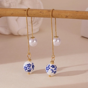 Elegant blue and white porcelain drop earrings with pearls in vintage Chinese style