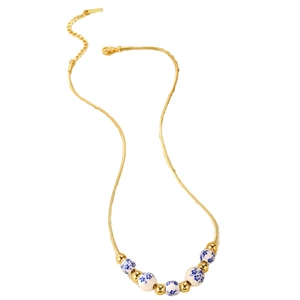 18K gold plated chain necklace with blue and white porcelain beads in neo-Chinese style
