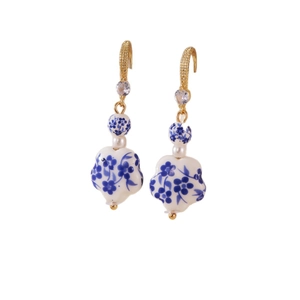 Blue and white porcelain flower earrings with gold hooks and sparkling crystals