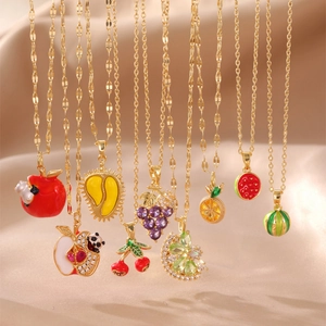 Fashion Stainless Steel Fruit Pendant Necklace For Women Gold Plated Lemon Durian Cherry Watermelon Grape Apple Commuter Jewelry