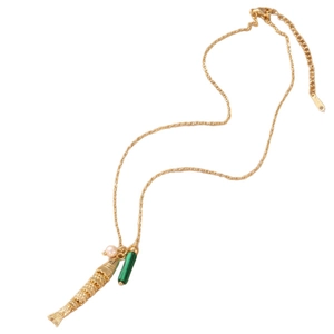 18K gold plated fish necklace with white pearl and green stone bead on white background
