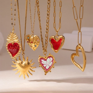 Stainless Steel Gold Plated Heart Pendant Necklace Vintage Sunburst Enamel Rhinestone Paperclip Chain Jewelry For Women