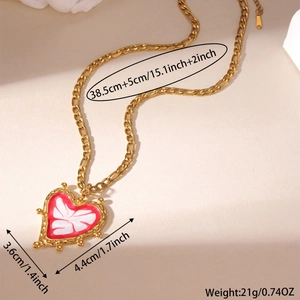 Vintage 18K gold-plated stainless steel chunky necklace with large red heart sun pendant