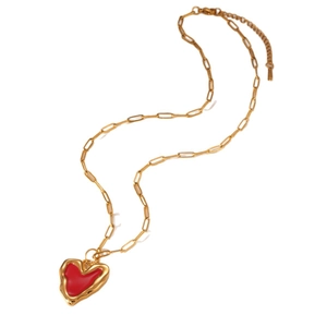 18K gold plated paperclip chain necklace with a red enamel heart sun pendant