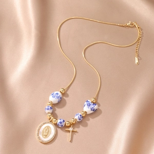 New Chinese Style Blue White Ceramic Bead Virgin Mary Cross Pendant Necklace Gold Plated Rhinestone Religious Jewelry Women