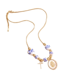 Ceramic necklace with blue and white porcelain beads and Virgin Mary cross pendant