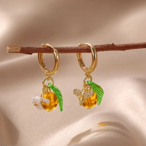 Pendientes de Aro Colgantes de Aleación Resina Flor Abeja Fruta para Mujer Diamantes de Imitación Esmalte Joyería Tema Naturaleza Regalo