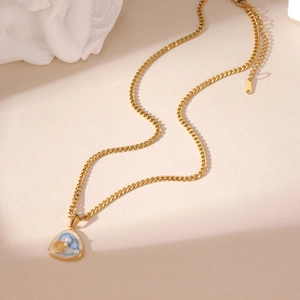 Gold plated stainless steel necklace with blue sea shell and pearl triangle pendant