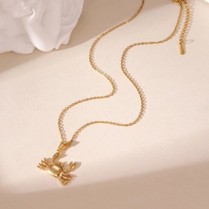 Detailed close-up of a crab-shaped gold pendant with matte finish and a link chain
