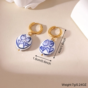 Vintage porcelain tulip earrings with blue floral pattern and gold hooks, 4cm length