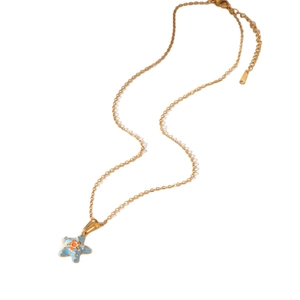 Minimalist gold-plated starfish pendant necklace with light blue and orange accents