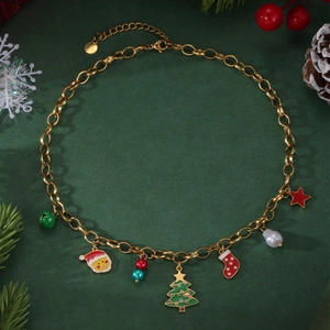 Collana di Natale in acciaio inossidabile placcato oro 18k con ciondoli albero