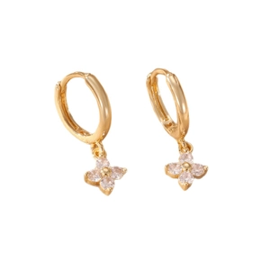 14k gold plated huggie hoop earrings with pink zirconia four-leaf flower charms for women