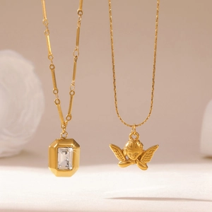 18k Gold Plated Stainless Steel Angel Cupid Pendant Necklace For Women Square Zirconia Geometric Commuter All-match Jewelry