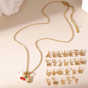 Stainless Steel Gold Plated Cherry Pendant Necklace For Women With Artificial Pearl Enamel Fruit And Letter Alphabet Box Chain Jewelry