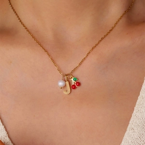 Gold cherry and pearl necklace with letter J charm on minimalist stainless steel chain