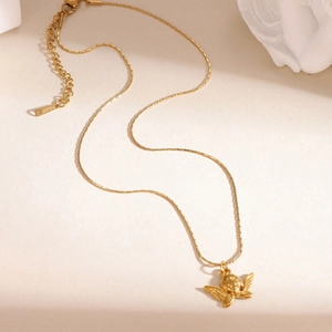 18k gold plated stainless steel angel pendant necklace with square zircon on stone base