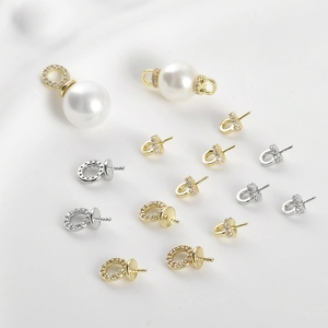 Copper Zirconia Inlaid Pendant Bails Gold Silver Plated Artificial Pearl Cup Peg Bails With Screw Eye Pin For DIY Jewelry Making