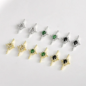 14K Gold Plated Copper Starburst Cross Zircon Connector Double Hanging DIY Bracelet Necklace Earrings Jewelry Findings