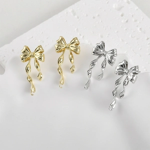 14k Gold Plated Copper Bowknot Drop Earrings Long Tassel Ribbon Stud Earrings For Women DIY Jewelry Handmade Gift