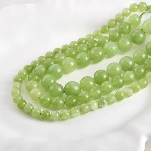 Detailed comparison of three sizes of translucent green natural Persian jade round beads