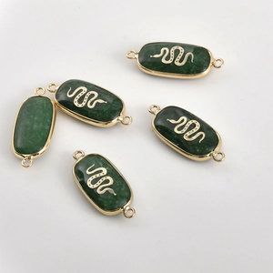 Five pieces of oval green natural stone connectors with gold snake designs for DIY jewelry