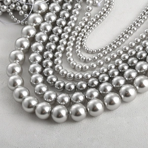 Silver grey pearl beads strand in varied sizes with high gloss for DIY jewelry making