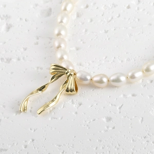 14k gold plated ribbon bow pendant on white freshwater pearl necklace for DIY jewelry